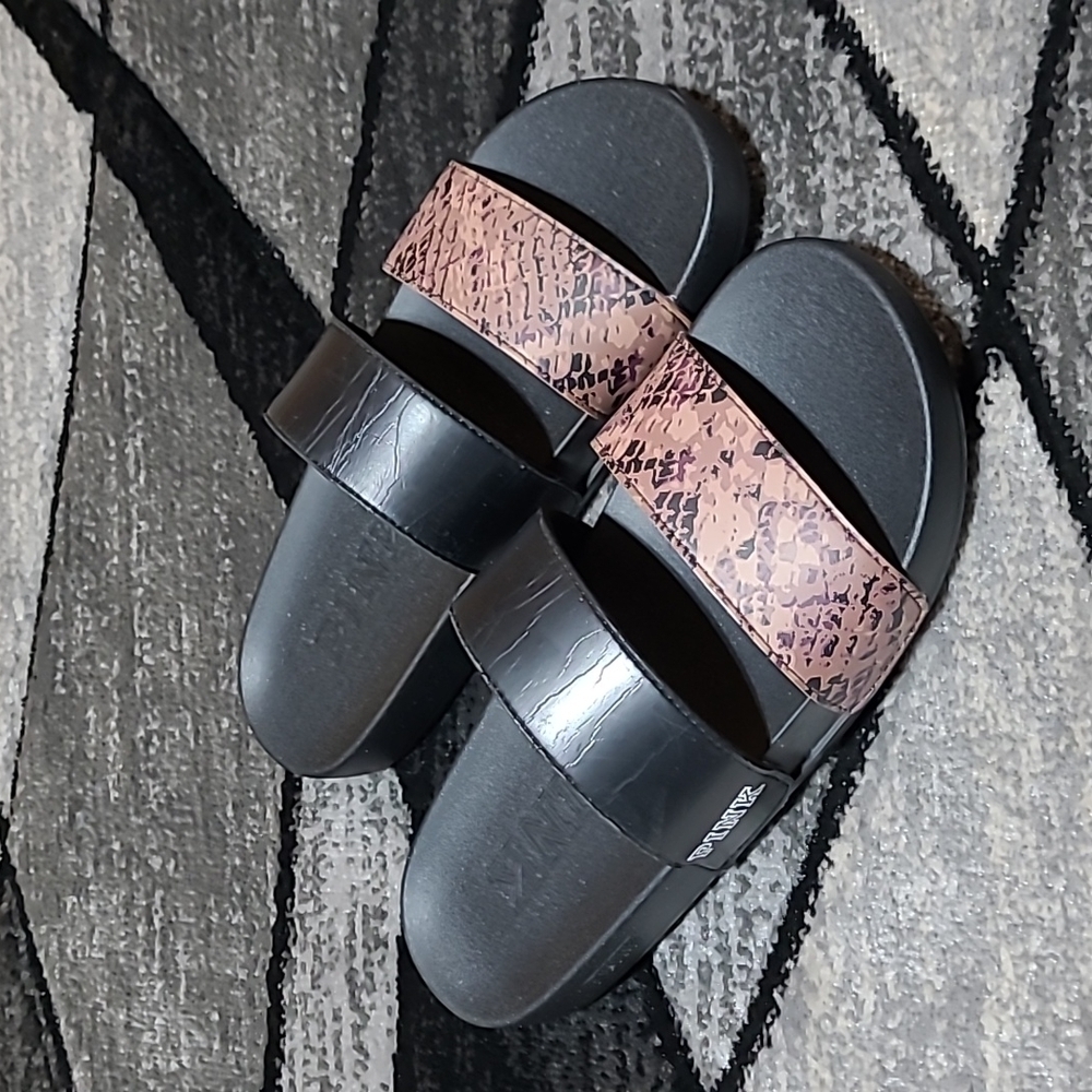 NWOT VS PINK DOUBLE STRAP SNAKESKIN PRINT SLIDES SANDALS